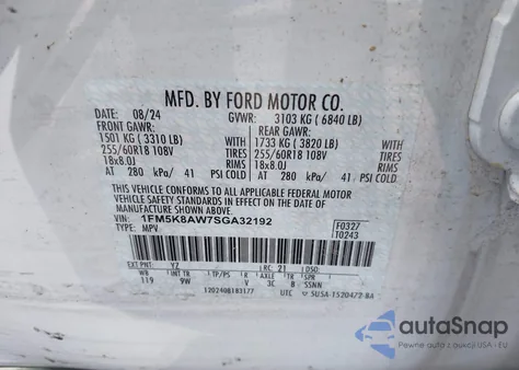 2025 Ford Explorer Police Interceptor z USA, uszkodzony, nr VIN 1FM5K8AW7SGA32192